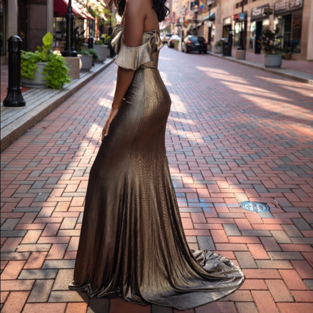 Kleinfeld long metallic dress! Hint of gold and perfect for a prom dress!